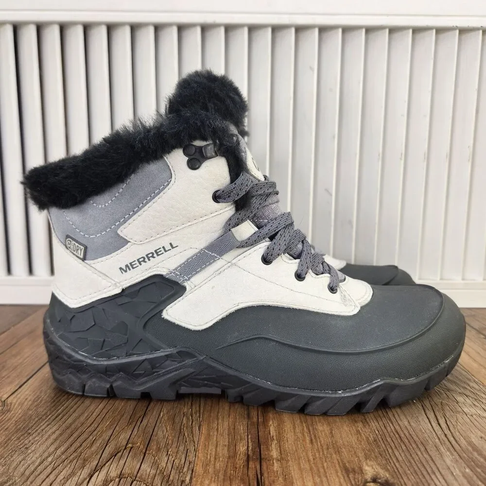 Merrell Aurora 6 Ice+ Waterproof Boots Womens 7.5 Gray Faux Fur Insulated Vibram